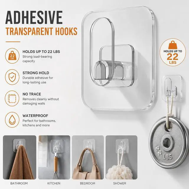 Alt view image 4 of 7 - 18 Pack Adhesive Wall Hooks for Hanging Heavy Duty 22lb(Max), Upgraded Clear PC No Drill Towel Hooks, Waterproof Sticky Hangers for Home, Bathroom, Kitchen, Shower, Keys, Office & Outdoor