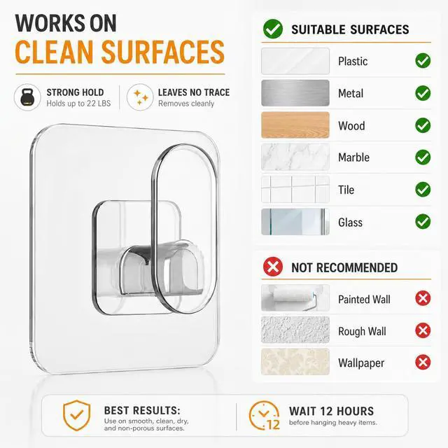 Alt view image 5 of 7 - 18 Pack Adhesive Wall Hooks for Hanging Heavy Duty 22lb(Max), Upgraded Clear PC No Drill Towel Hooks, Waterproof Sticky Hangers for Home, Bathroom, Kitchen, Shower, Keys, Office & Outdoor
