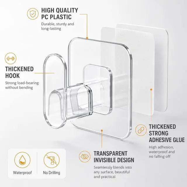 Alt view image 6 of 7 - 18 Pack Adhesive Wall Hooks for Hanging Heavy Duty 22lb(Max), Upgraded Clear PC No Drill Towel Hooks, Waterproof Sticky Hangers for Home, Bathroom, Kitchen, Shower, Keys, Office & Outdoor
