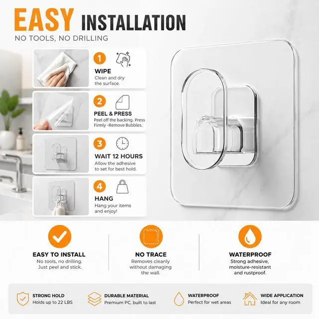 Alt view image 7 of 7 - 18 Pack Adhesive Wall Hooks for Hanging Heavy Duty 22lb(Max), Upgraded Clear PC No Drill Towel Hooks, Waterproof Sticky Hangers for Home, Bathroom, Kitchen, Shower, Keys, Office & Outdoor