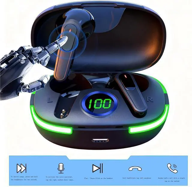 Alt view image 2 of 7 - Wireless Earbuds Bluetooth Headphones 50H Playback Touch Control Noise Cancellation LED Power Display Charging Case IPX7 Waterproof Earphones with Mic Headset Gym Work