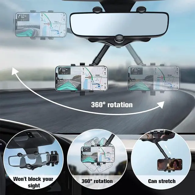 Alt view image 3 of 7 - 360 Rotatable and Retractable Car Phone Holder, 360° Car Rearview Mirror PhoneHolder for Car Mount Phone and GPS Holder Support Rotating Adjustable