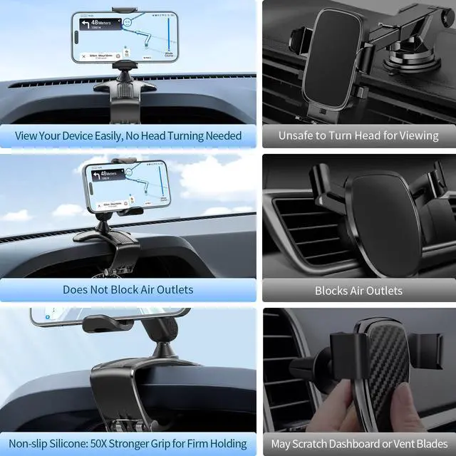 Alt view image 4 of 6 - Multifunctional Car Dashboard Mobile Phone Holder, 360 Degree Rotation Universal Dash Clip Cellphone Mount for 4-7 inch Smartphones (Black)
