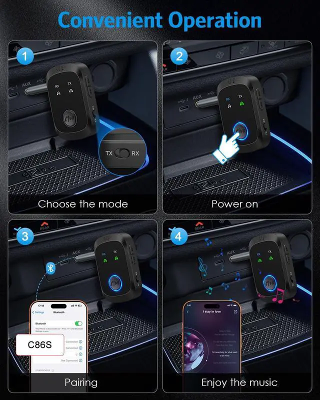 Alt view image 6 of 7 - Bluetooth 5.4 Transmitter Receiver, 2-in-1 Car AUX Adapter