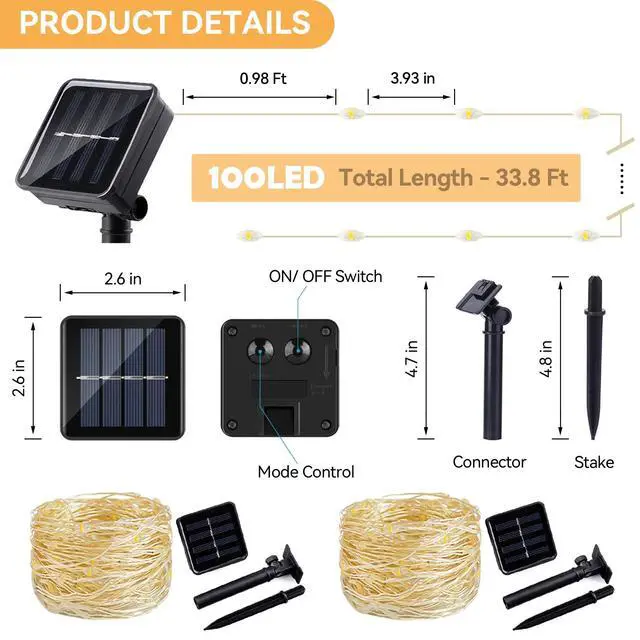 Alt view image 6 of 7 - Solar String Lights Outdoor 2 Pack 33FT 100LED Copper Wire Fairy Light Waterproof Decoration for Wedding Party Terrace Yard Tree Garden Patio Christmas (Cool White)