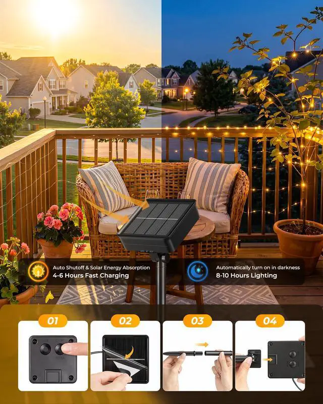 Alt view image 2 of 7 - Solar String Lights, 2 Packs Total 66Ft 200 LED Solar Fairy Lights with 8 Modes, Waterproof Solar Lights for Outside Patio Yard Tree Wedding Christmas(Warm White)