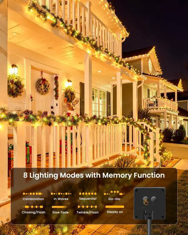 Alt view image 3 of 7 - Solar String Lights, 2 Packs Total 66Ft 200 LED Solar Fairy Lights with 8 Modes, Waterproof Solar Lights for Outside Patio Yard Tree Wedding Christmas(Warm White)