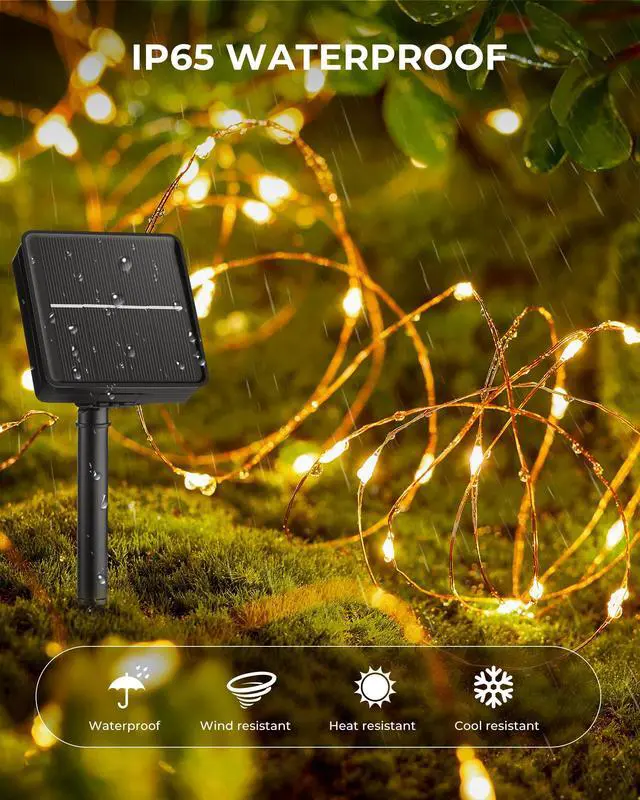 Alt view image 4 of 7 - Solar String Lights, 2 Packs Total 66Ft 200 LED Solar Fairy Lights with 8 Modes, Waterproof Solar Lights for Outside Patio Yard Tree Wedding Christmas(Warm White)