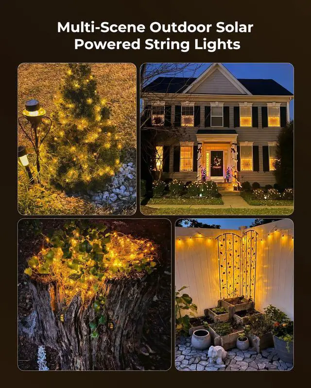 Alt view image 6 of 7 - Solar String Lights, 2 Packs Total 66Ft 200 LED Solar Fairy Lights with 8 Modes, Waterproof Solar Lights for Outside Patio Yard Tree Wedding Christmas(Warm White)