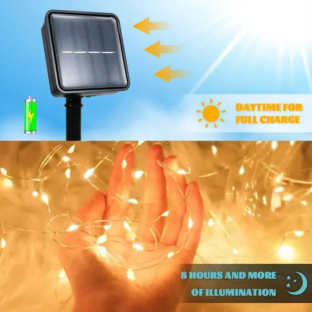 Alt view image 4 of 7 - 2 Pack Solar String Lights Outdoor, Total 80FT 200LED Solar Powered Fairy Lights Outdoor Waterproof 8 Modes, for Patio Garden Holiday Tree Yard Party Wedding, Warm White