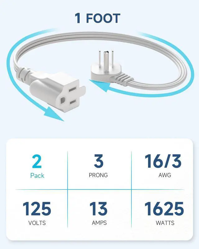 Alt view image 2 of 7 - Flat Plug Extension Cord 1Ft White 3 Prong Short Cable 1625W 2-Pack
