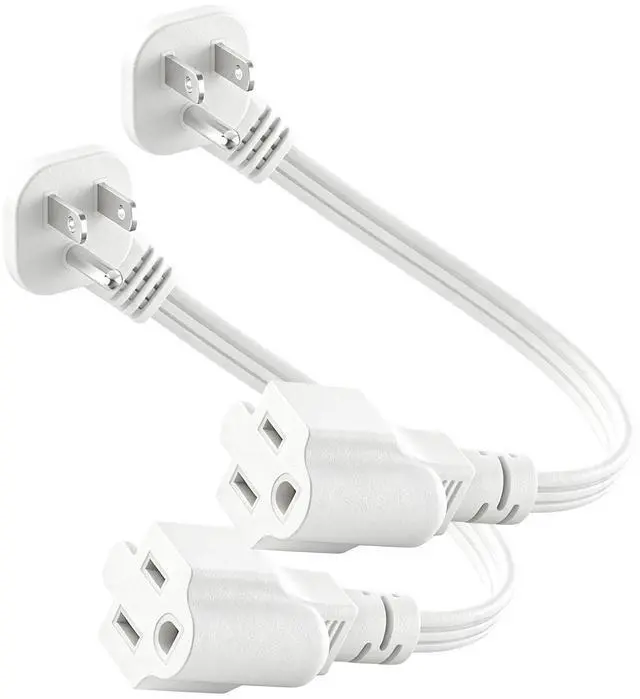 Main image of Flat Plug Extension Cord 1Ft White 3 Prong Short Cable 1625W 2-Pack