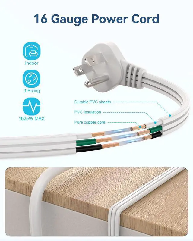Alt view image 5 of 7 - Flat Plug Extension Cord 1Ft White 3 Prong Short Cable 1625W 2-Pack