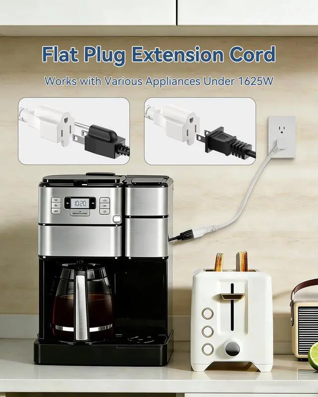 Alt view image 6 of 7 - Flat Plug Extension Cord 1Ft White 3 Prong Short Cable 1625W 2-Pack
