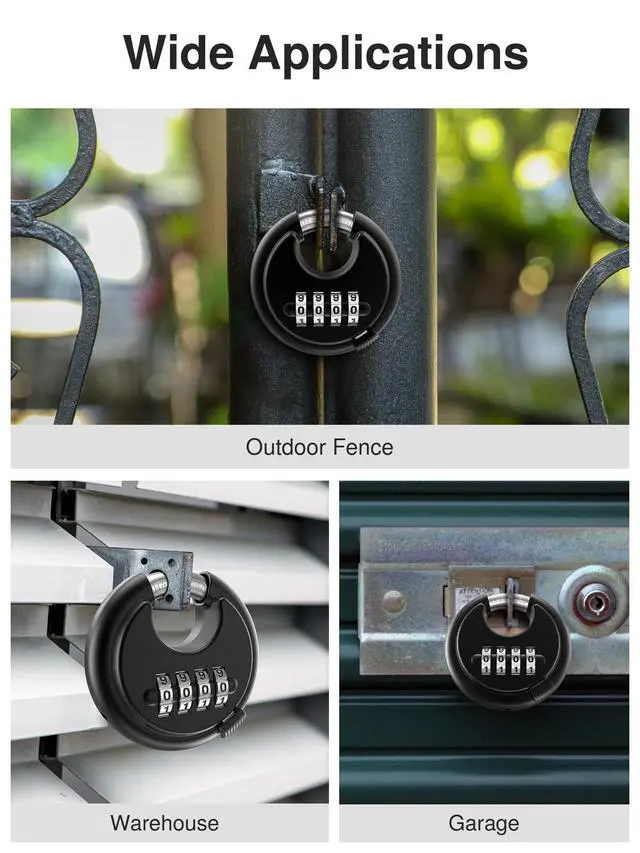Alt view image 7 of 7 - Combination Lock, 4 Digit Padlock with Hardened Steel Shackle, Keyless Heavy Duty Combo Lock for Outdoor Sheds Fence, Gate Hasps, Storage Unit, School Gym Locker (1 Pack, Black)