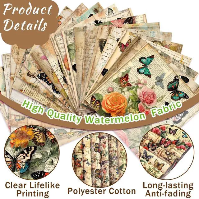 Alt view image 2 of 6 - 20 Pcs 10''x10'' Vintage Butterfly Quilting Fabric Square Retro Floral Precuts Quilted Fabric Bundle Retro Leaves Flower Printed Sewing Material for Holiday Patchwork DIY Craft Supplies