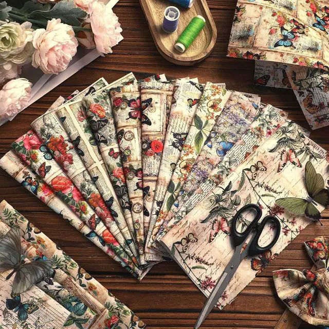 Alt view image 6 of 6 - 20 Pcs 10''x10'' Vintage Butterfly Quilting Fabric Square Retro Floral Precuts Quilted Fabric Bundle Retro Leaves Flower Printed Sewing Material for Holiday Patchwork DIY Craft Supplies