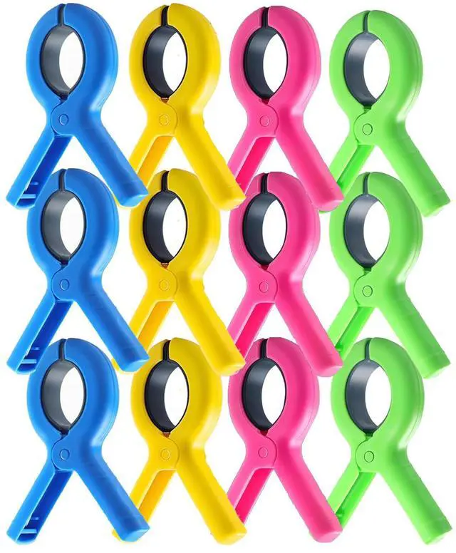 Main image of 12 Pcs Beach Towel Clips for Beach Chairs, 3.7 Inch Clothes Pins for Cruise & Pool, Windproof Chair Clips for Towel Holder, 4 Colors