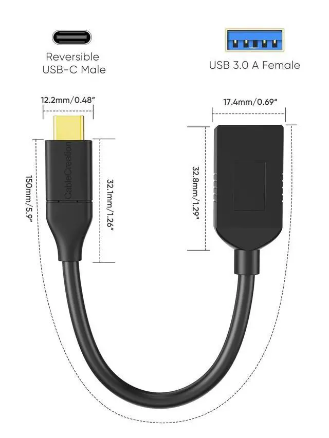 Alt view image 2 of 6 - USB-C to USB 3.0 Female Adapter 0.5FT,TypeC to TypeA OTG Cord