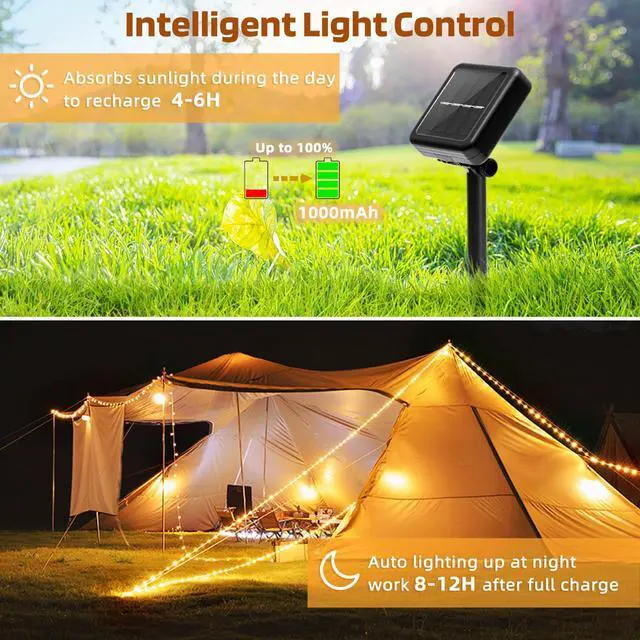Alt view image 2 of 7 - Extra-Long Solar Fairy Lights Outdoor Waterproof, 2 Pack 112Ft 300LED 8 Modes Solar Powered String Lights, Copper Wire Twinkle Lights for Outside Party Yard Easter Decor(Warm White)