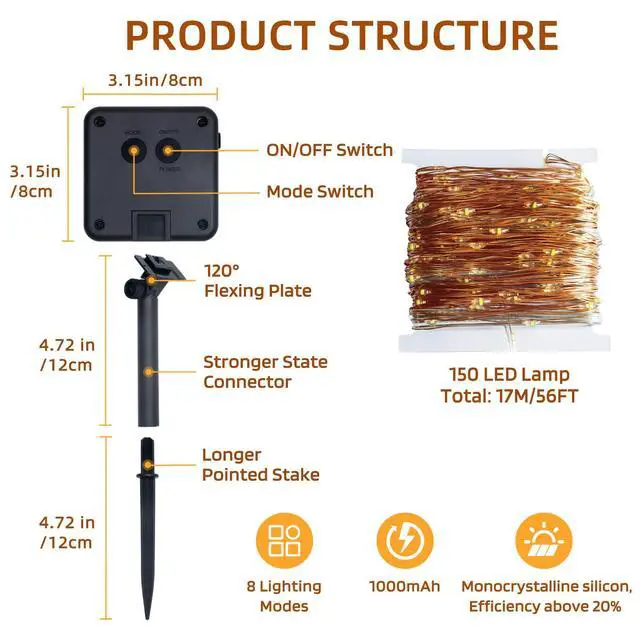 Alt view image 7 of 7 - Extra-Long Solar Fairy Lights Outdoor Waterproof, 2 Pack 112Ft 300LED 8 Modes Solar Powered String Lights, Copper Wire Twinkle Lights for Outside Party Yard Easter Decor(Warm White)