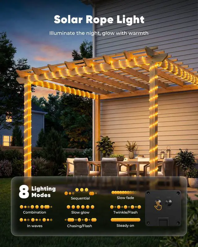 Alt view image 4 of 7 - 39FT 100LED Solar Rope Lights Outdoor Waterproof, Warm White