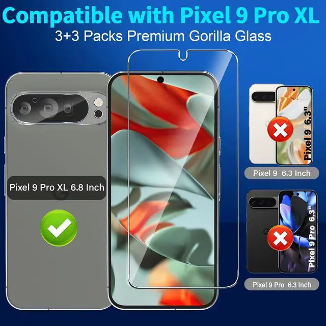 Alt view image 2 of 7 - 3 Pack for Google Pixel 9 Pro XL Screen Protector Tempered Glass + 3 Pack Camera Lens Protector, Military Grade Shatterproof, 9H Hardness, Fingerprint Unlock,Case Friendly 6.8 Inch