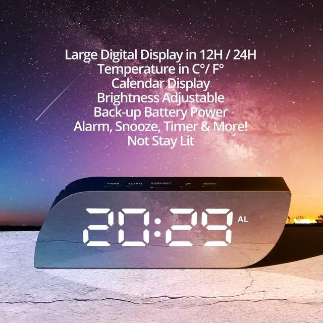 Alt view image 3 of 7 - Aesthetic Digital Alarm Clock Mirror Surface - Dimmer Night Mode, Large LED Digits Display, Easy Snooze - USB & Battery Operated - Bedroom, Office, Travel Portable (Black)