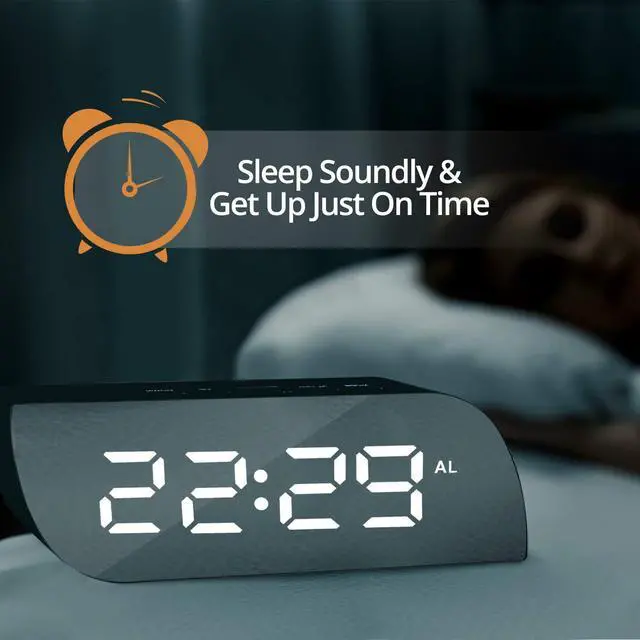 Alt view image 5 of 7 - Aesthetic Digital Alarm Clock Mirror Surface - Dimmer Night Mode, Large LED Digits Display, Easy Snooze - USB & Battery Operated - Bedroom, Office, Travel Portable (Black)
