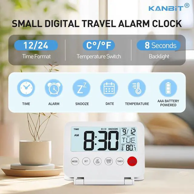 Alt view image 2 of 7 - Small Digital Travel Alarm Clock, Large LCD Display Front Button with Date & Temperature, Snooze and 8 Seconds Backlight AAA Battery Operated Desk Clock for Home & Office, White