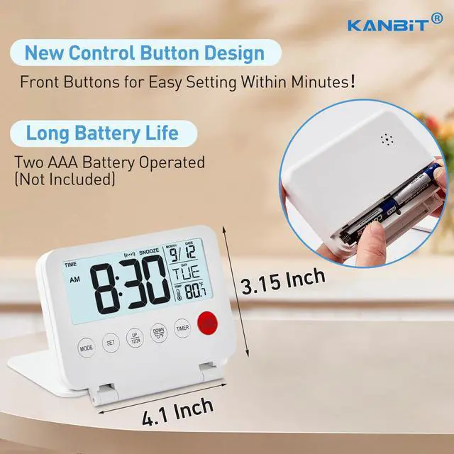 Alt view image 3 of 7 - Small Digital Travel Alarm Clock, Large LCD Display Front Button with Date & Temperature, Snooze and 8 Seconds Backlight AAA Battery Operated Desk Clock for Home & Office, White