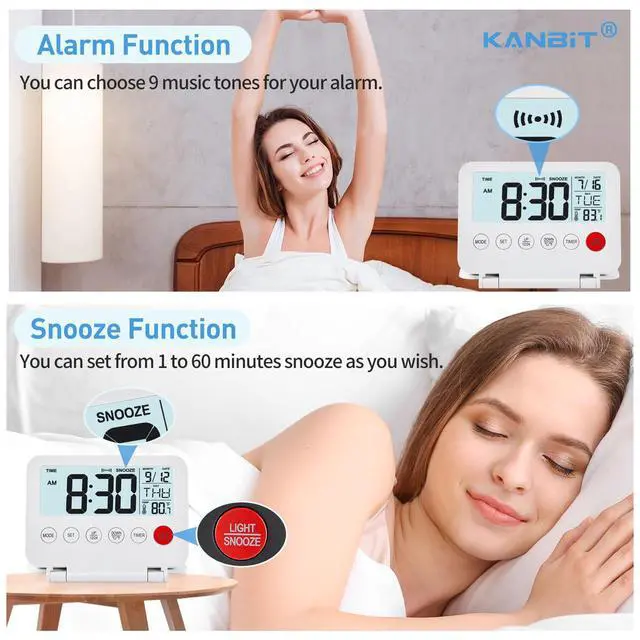 Alt view image 4 of 7 - Small Digital Travel Alarm Clock, Large LCD Display Front Button with Date & Temperature, Snooze and 8 Seconds Backlight AAA Battery Operated Desk Clock for Home & Office, White