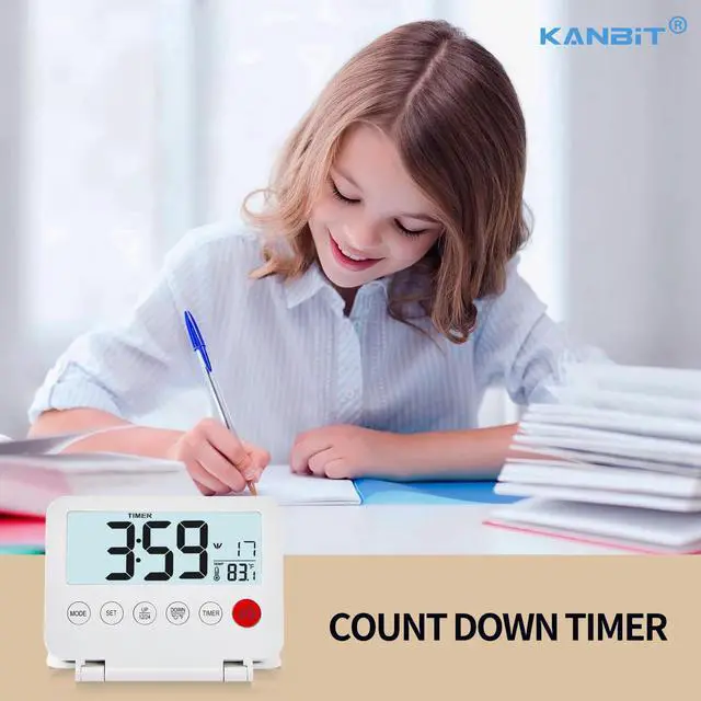 Alt view image 5 of 7 - Small Digital Travel Alarm Clock, Large LCD Display Front Button with Date & Temperature, Snooze and 8 Seconds Backlight AAA Battery Operated Desk Clock for Home & Office, White