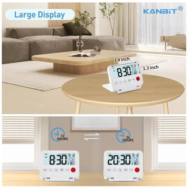 Alt view image 6 of 7 - Small Digital Travel Alarm Clock, Large LCD Display Front Button with Date & Temperature, Snooze and 8 Seconds Backlight AAA Battery Operated Desk Clock for Home & Office, White
