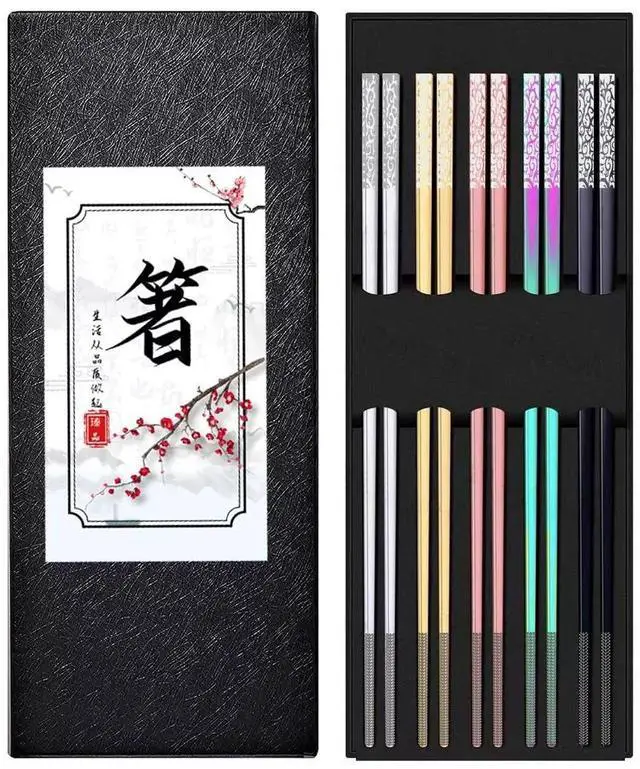 Alt view image 7 of 7 - Premium Metal Chopsticks 5 Pairs Multicolor Chop Sticks Reusable Dishwasher Safe Square Korean Chopsticks Lightweight Non-Slip Reusable Stainless Steel ChopSticks Present Set