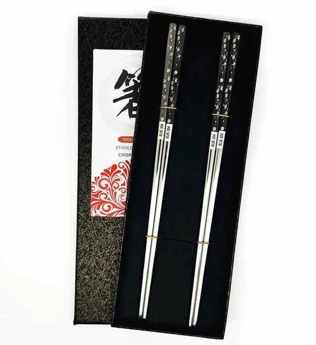 Main image of 2Pairs Stainless Steel Chopsticks Reusable Dishwasher Black Silver