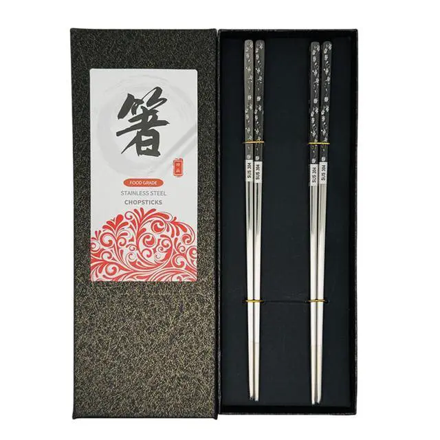 Alt view image 2 of 7 - 2Pairs Stainless Steel Chopsticks Reusable Dishwasher Black Silver