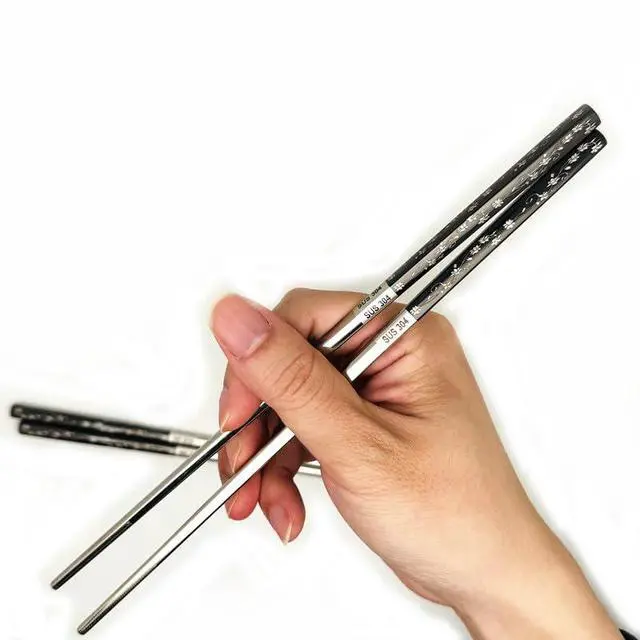 Alt view image 4 of 7 - 2Pairs Stainless Steel Chopsticks Reusable Dishwasher Black Silver