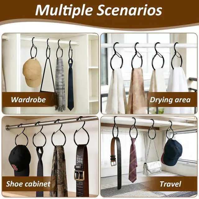 Alt view image 6 of 7 - 4 Pack Belt Hanger for Closet, Multipurpose Closet Hanger with S Hook, Rust-Resistant Metal Belt Organizer & Tie Rack for Belts, Ties, Scarves, Hats, Bags, Space Saving Wardrobe Storage (Black)