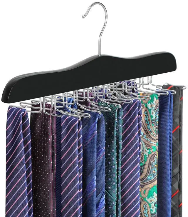 Main image of Tie Rack Hanger for Closet, Wooden Tie Organizer for Men with 24 Folding Hooks, Space Saving Necktie Holder for Storage and Display Bra, Tank Top, Camisole (1-Pack), Black- CT14B