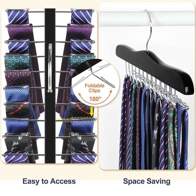 Alt view image 3 of 7 - Tie Rack Hanger for Closet, Wooden Tie Organizer for Men with 24 Folding Hooks, Space Saving Necktie Holder for Storage and Display Bra, Tank Top, Camisole (1-Pack), Black- CT14B