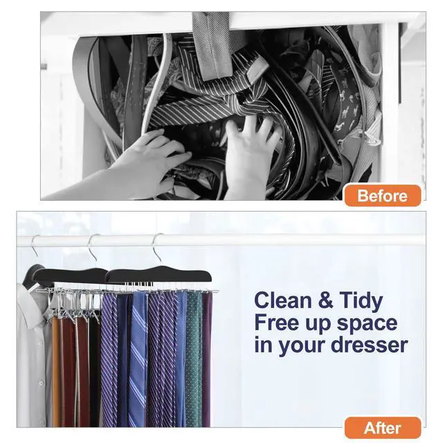 Alt view image 4 of 7 - Tie Rack Hanger for Closet, Wooden Tie Organizer for Men with 24 Folding Hooks, Space Saving Necktie Holder for Storage and Display Bra, Tank Top, Camisole (1-Pack), Black- CT14B