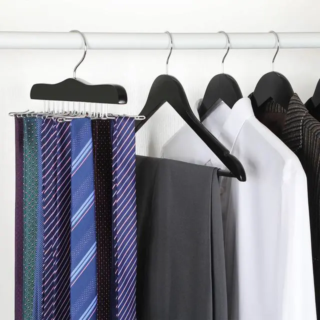 Alt view image 6 of 7 - Tie Rack Hanger for Closet, Wooden Tie Organizer for Men with 24 Folding Hooks, Space Saving Necktie Holder for Storage and Display Bra, Tank Top, Camisole (1-Pack), Black- CT14B