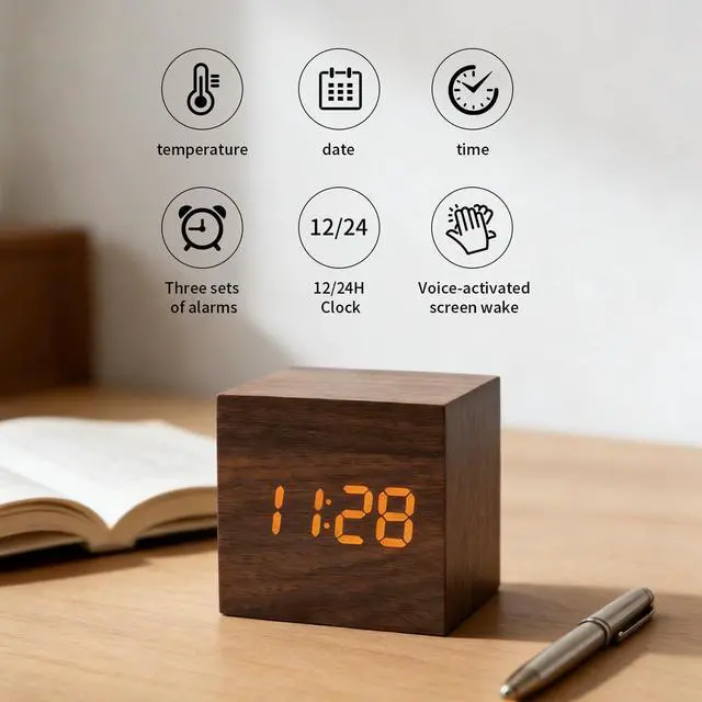 Alt view image 2 of 6 - Wooden Digital Alarm Clocks for Bedrooms - Small LED Clock with, DC Port, Temperature, Snooze, DST, Wood Décor, Adapter Powered