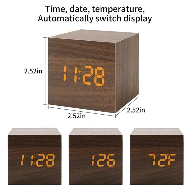 Alt view image 3 of 6 - Wooden Digital Alarm Clocks for Bedrooms - Small LED Clock with, DC Port, Temperature, Snooze, DST, Wood Décor, Adapter Powered