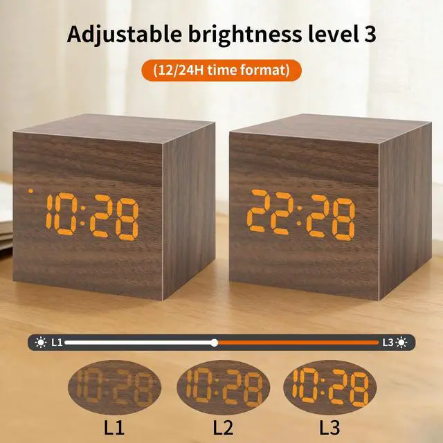 Alt view image 5 of 6 - Wooden Digital Alarm Clocks for Bedrooms - Small LED Clock with, DC Port, Temperature, Snooze, DST, Wood Décor, Adapter Powered