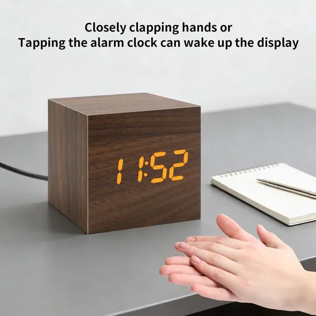 Alt view image 6 of 6 - Wooden Digital Alarm Clocks for Bedrooms - Small LED Clock with, DC Port, Temperature, Snooze, DST, Wood Décor, Adapter Powered