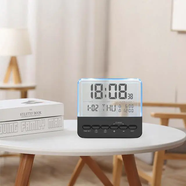 Alt view image 2 of 7 - Transparent Bedside Digital Alarm Clock-Loud Alarm for Heavy Sleepers.Large Display,Date Function, Colorful Night Light.Modern Design.Battery Operated,Perfect for Kids,Teens in Bedroom(Black)