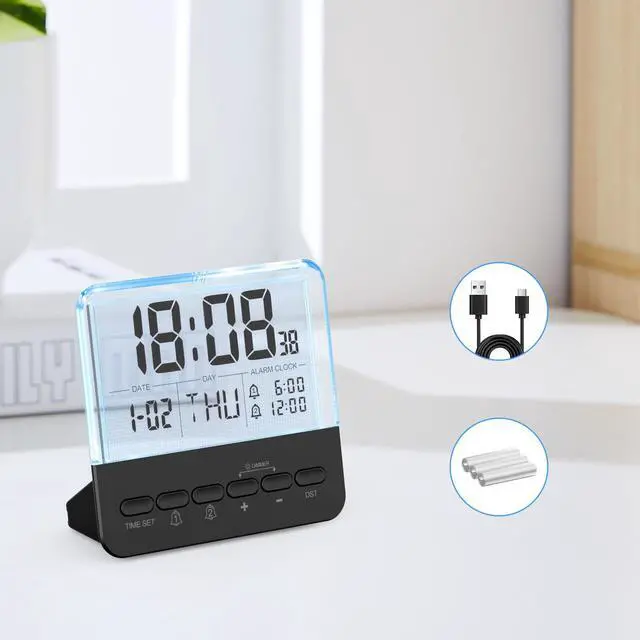 Alt view image 3 of 7 - Transparent Bedside Digital Alarm Clock-Loud Alarm for Heavy Sleepers.Large Display,Date Function, Colorful Night Light.Modern Design.Battery Operated,Perfect for Kids,Teens in Bedroom(Black)