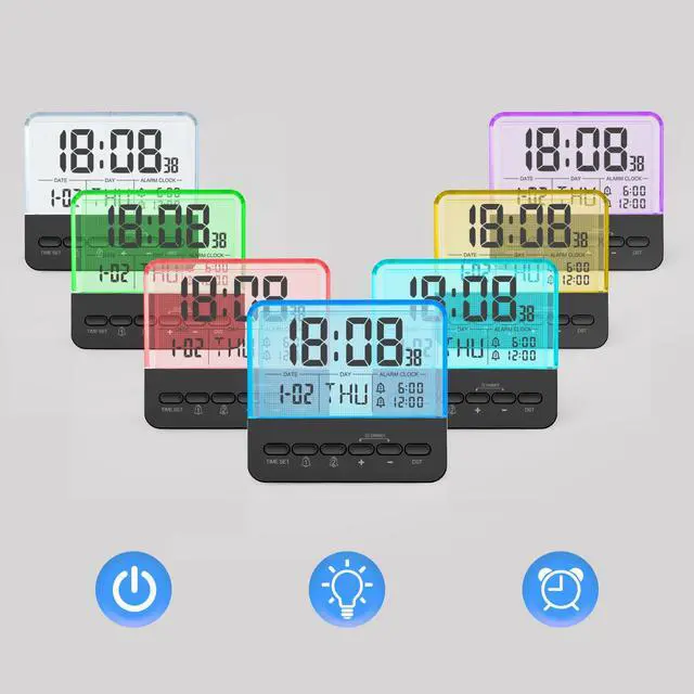 Alt view image 6 of 7 - Transparent Bedside Digital Alarm Clock-Loud Alarm for Heavy Sleepers.Large Display,Date Function, Colorful Night Light.Modern Design.Battery Operated,Perfect for Kids,Teens in Bedroom(Black)